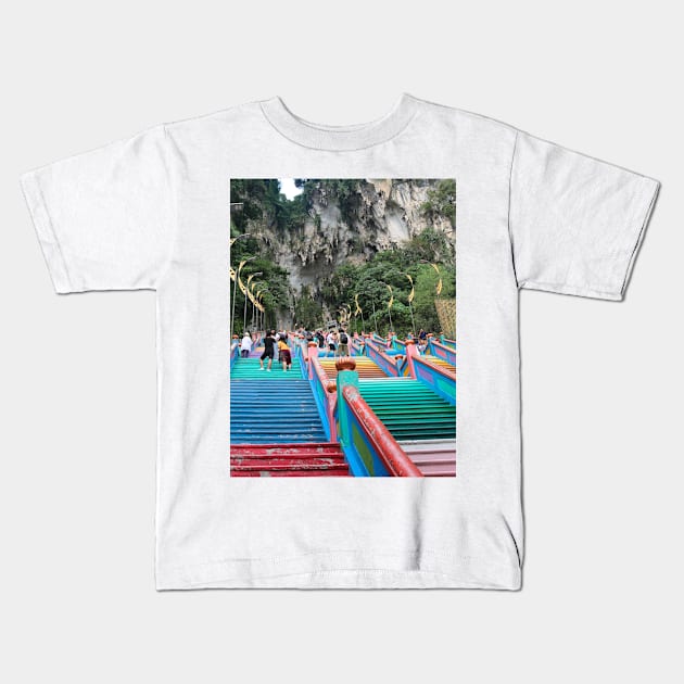 Colorful stairs to Batu Caves entrance Kids T-Shirt by kall3bu